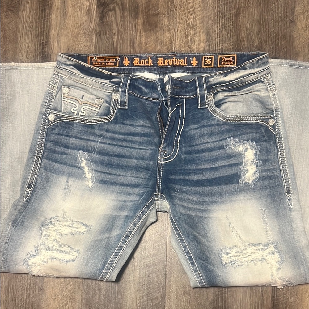 Rock Revival Blue Relaxed Jeans with Distressed Details